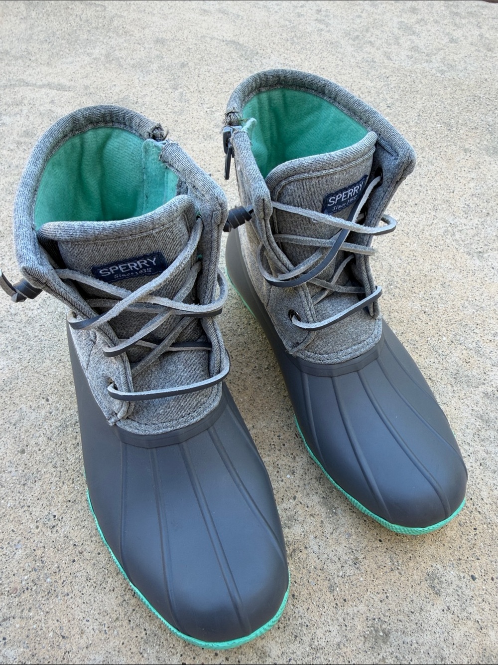 Sperry Kids Saltwater Grey/Green Duck Boots Girls Size 2